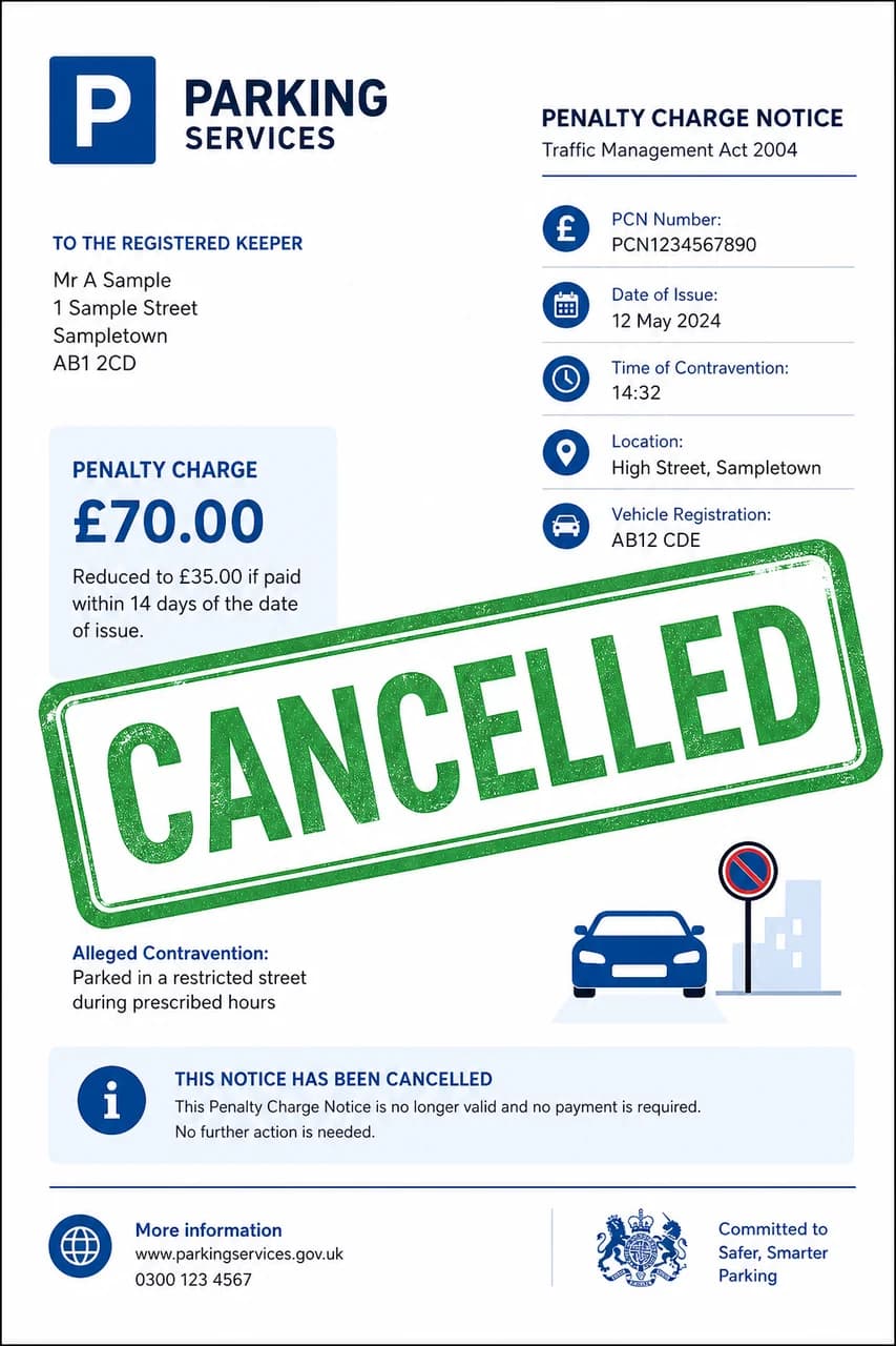 A £70 parking charge cancelled after appeal