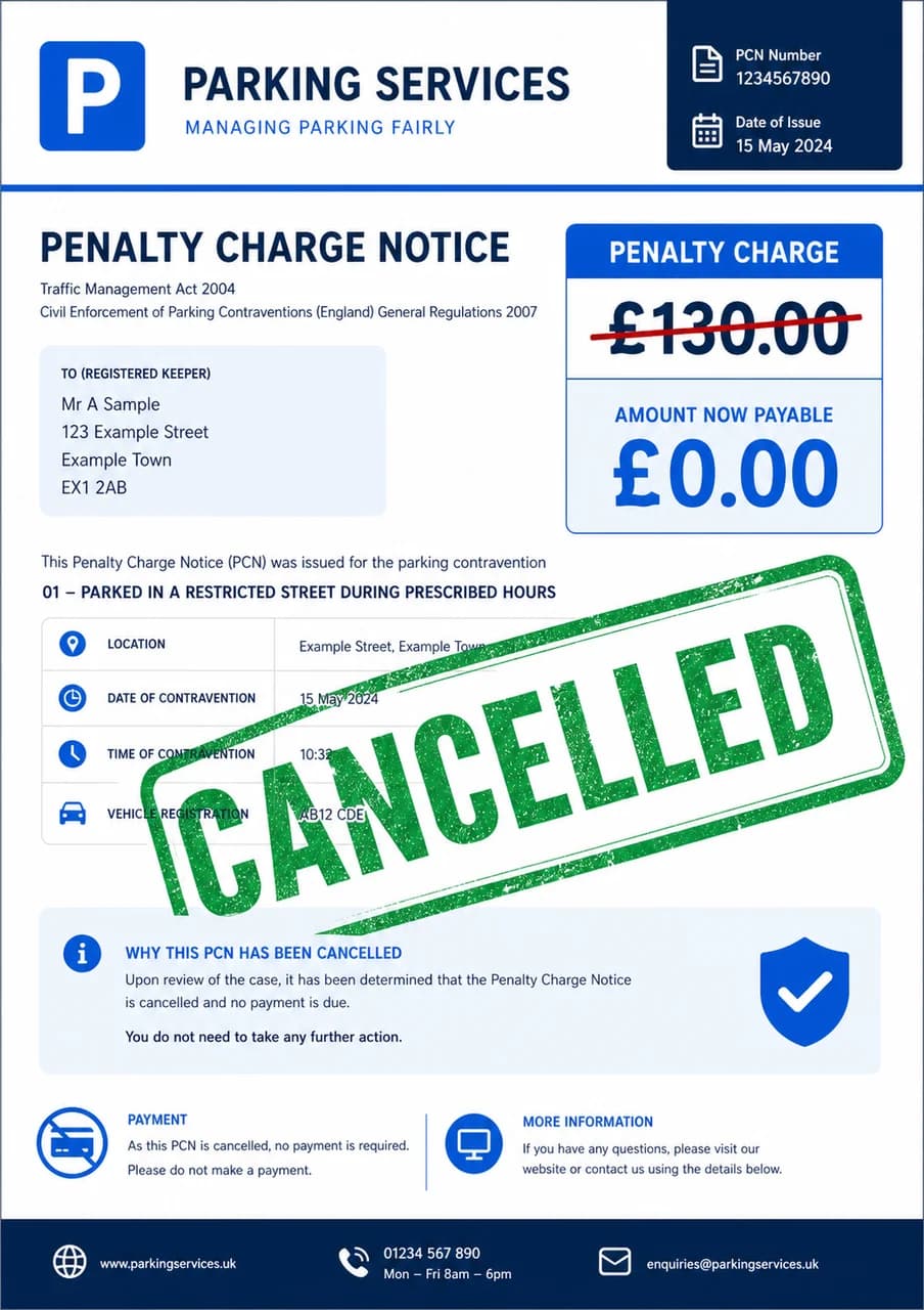 A parking Penalty Charge Notice marked cancelled after a successful AppealGo appeal